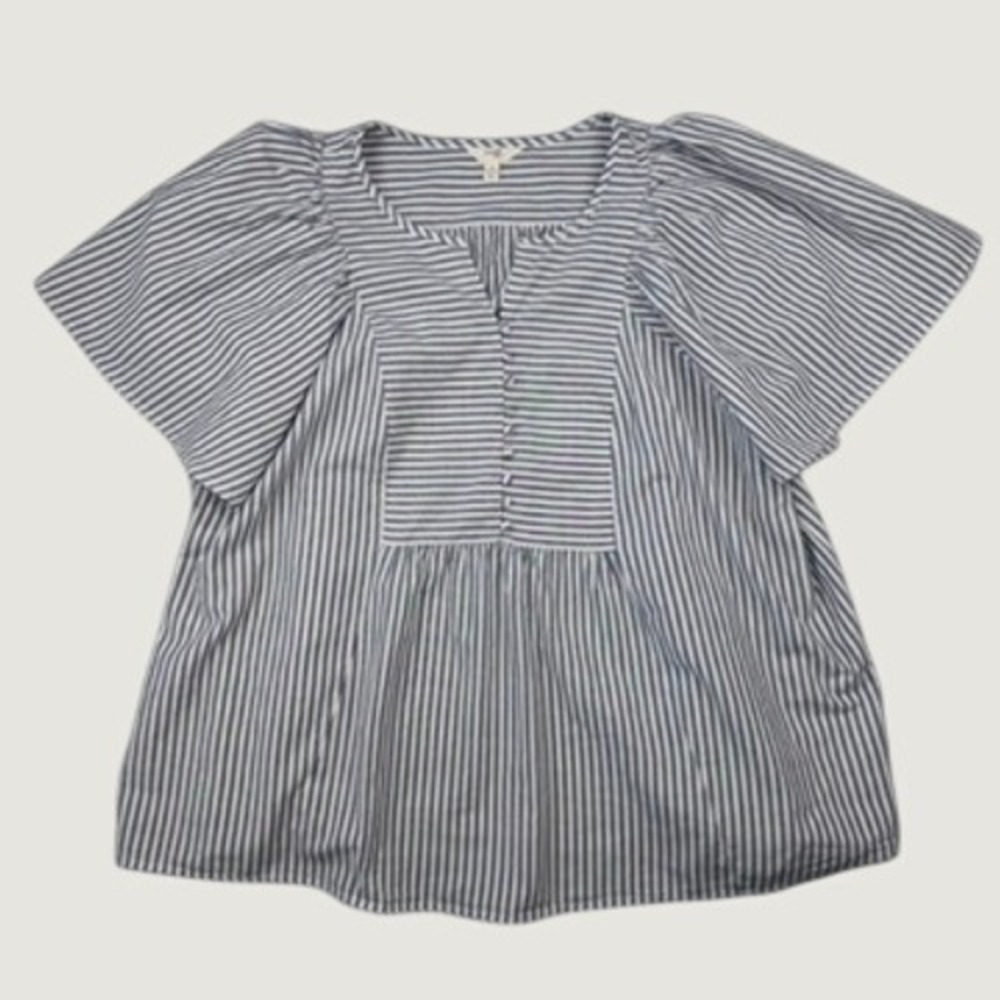 Terra & Sky Womexns Top 2X Blue White Striped Flutter Sleeve Nautical Coastal
